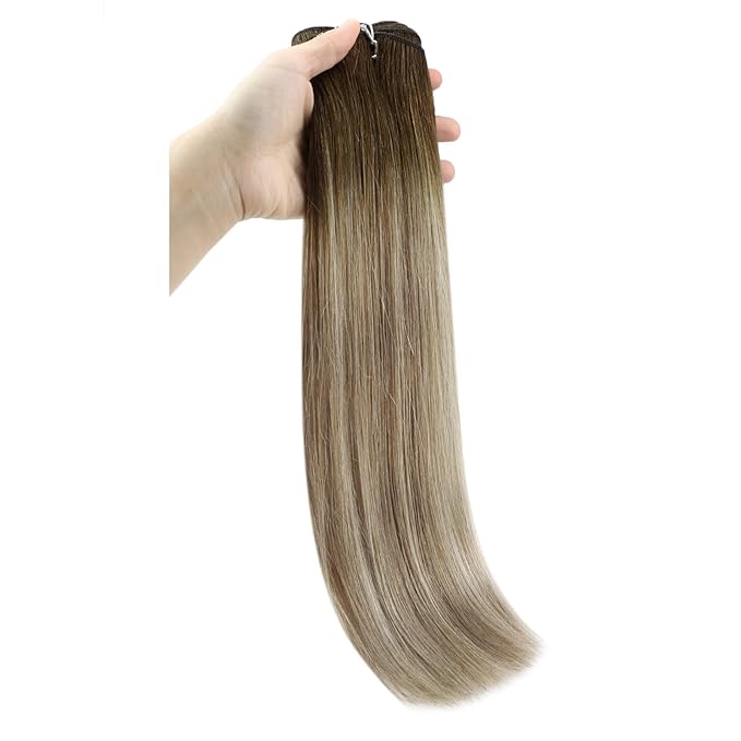 Full Shine Weft Hair Extension 22 Inch 130G Thick Human Hair Extensions Sew In Color Dark Brown To Ash Brown Highlight Medium Blonde Human Hair Weft Extensions