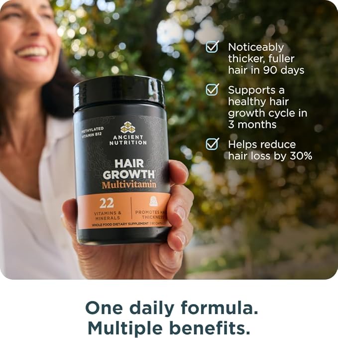 Ancient Nutrition Hair Growth Multivitamin – Supports Thicker Hair, Less Shedding, Smoother Skin & Stronger Nails – with Solubilized Keratin, Powered by Peptides, 22 Vitamins & Minerals – 30 Servings