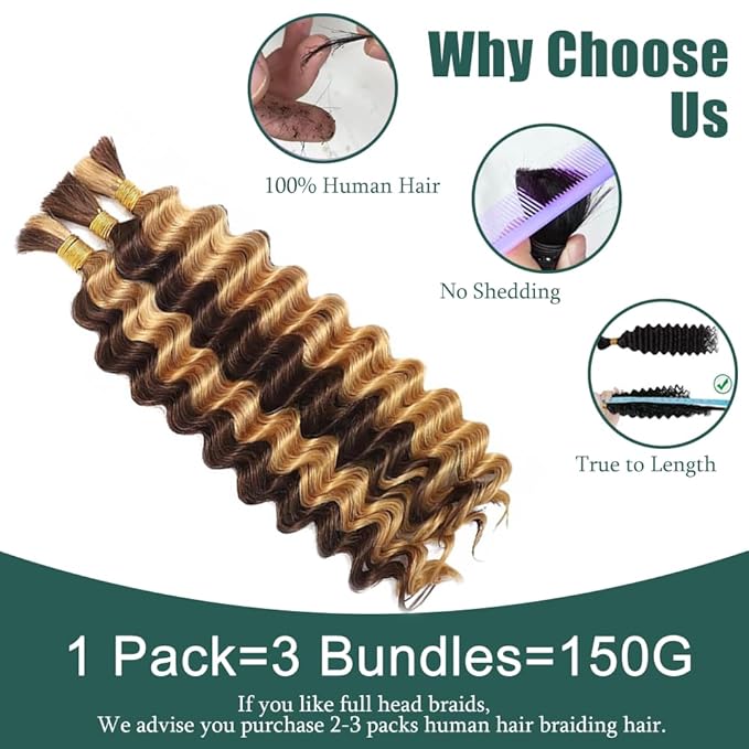 Highlight Deep Wave Bulk Human Hair for Braiding 22 inch Wet and Wavy Boho Bulk Human Hair for Braiding Knotless No Weft 150g