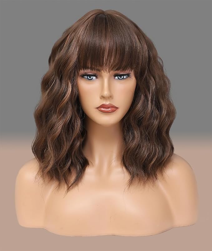 WAVE&BREEZE Short Brown Highlight Blonde Wigs with Bangs 14Inch Blonde Curly Bob Wig for Women Shoulder Length Natural Looking Hair Replacement Wig for Daily Party Use Cosplay Costume Halloween Wig