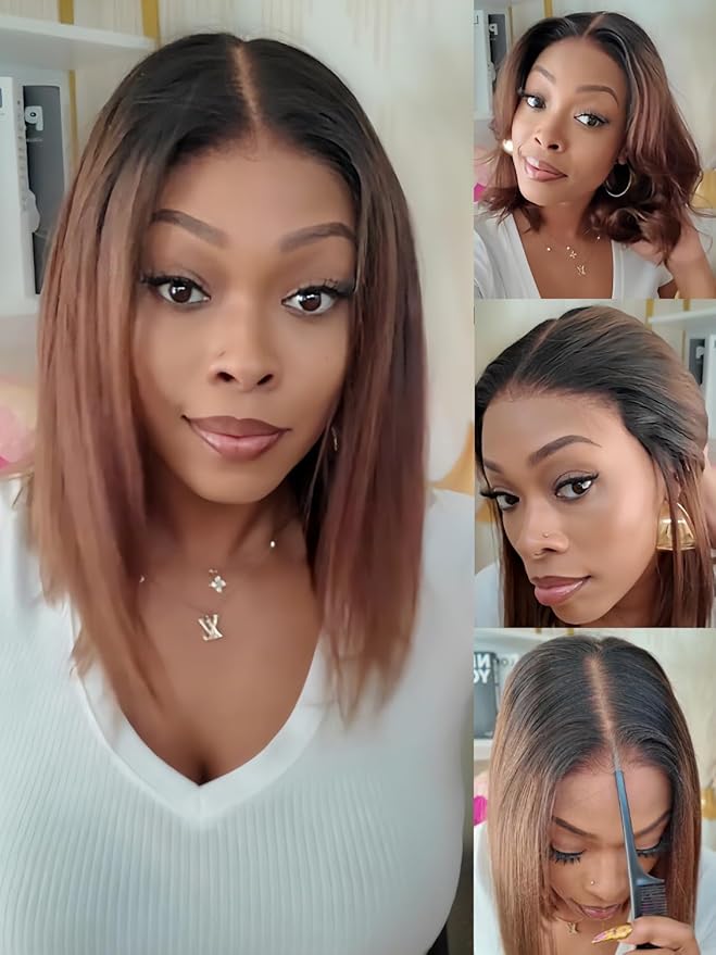 Julia Hair 10 Inch Chestnut Brown Ombre Yaki Straight Bob Wig Glueless Pre Cut 13X4 HD Lace Front Wig Human Hair with Dark Roots Pre Bleached Pre-Plucked with Ear Tape Ready to Go Short Yaki Wig