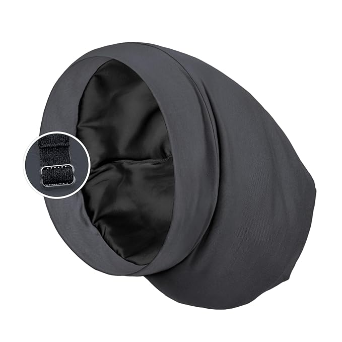 Satin Lined Sleep Cap Bonnet for Curly Hair and Braids, Stay On All Night Hair Wrap with Adjustable Strap for Women and Men, Black Grey, Pack of 1