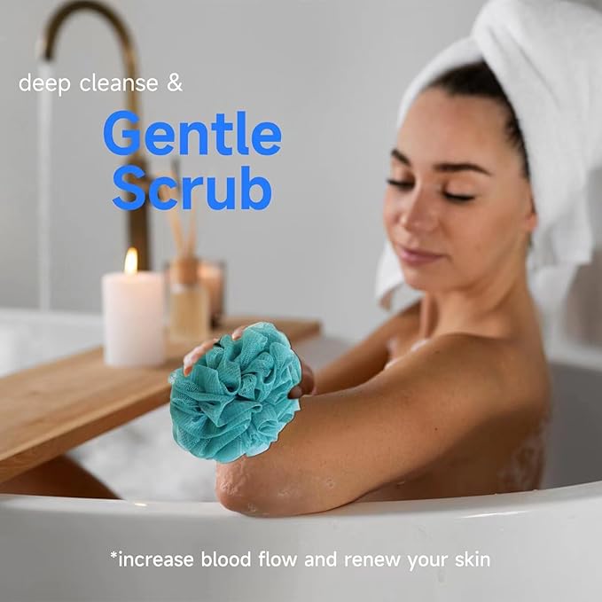Luffa Loofah Sponge Shower Loofahs 50g Shower Bath Sponges Exfoliating Mesh Pouf Mesh Balls for Body Wash Back Scrubber Bathroom Men Women Soft Scrubber Cleaning Bathing Accessories Tool (4Colors)
