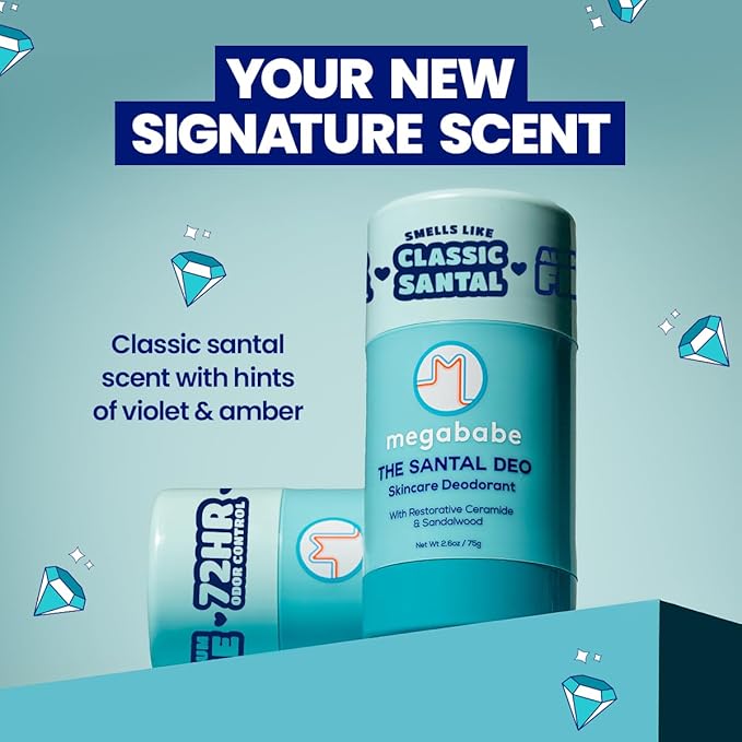 Megababe Skincare Deodorant - The Santal Deo with 72 hour Odor Protection | Holiday Gifts for Women | Restorative Ceramide & Sandalwood | Aluminum-Free, All Natural | 2.6 oz