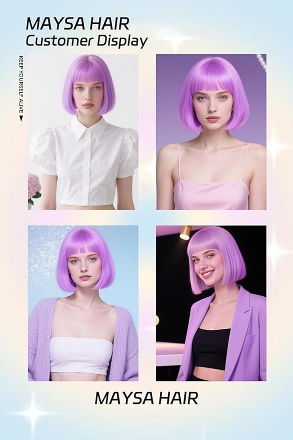 MAYSA Purple Bob Wig with Bangs for Women Short Straight Neon Bob Wig 12in Synthetic Cosplay Daily Party Colorful Wigs # Light Purple