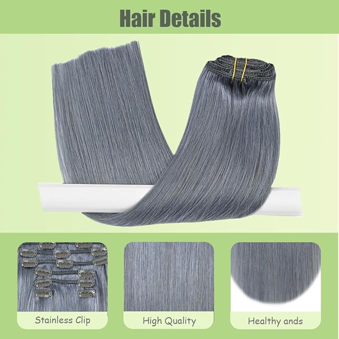 24 Inch Grey Clip in Hair Extensions - Real Remy Human Hair, 120g 7pcs, Silver Grey Human Hair Extensions Clip ins for Women