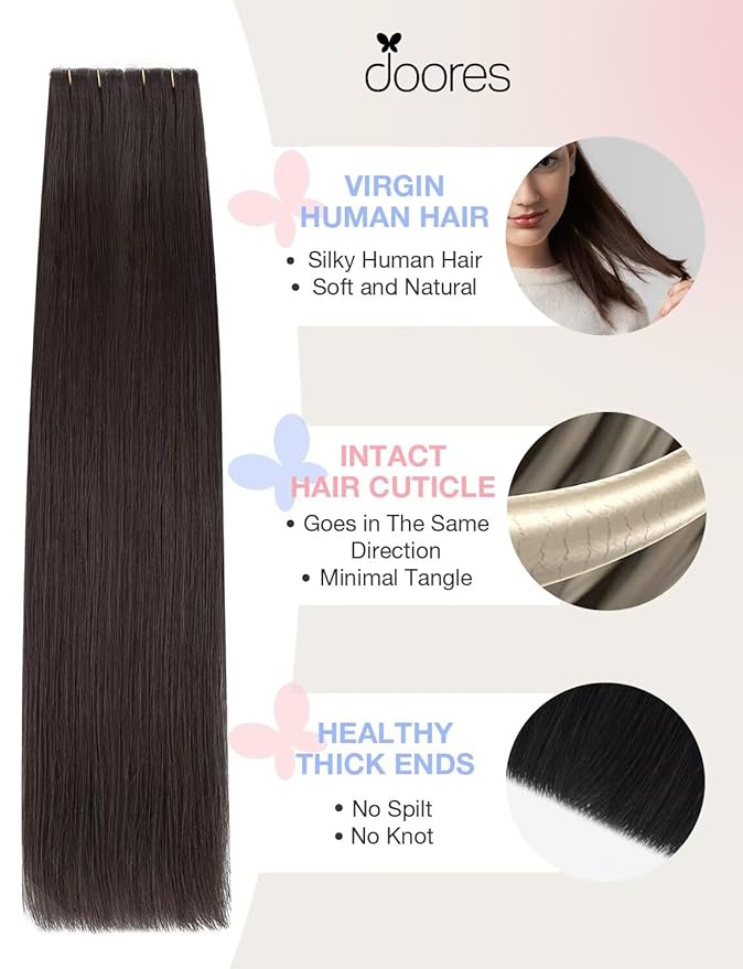 DOORES Invisible Seamless Tape in Hair Extensions Human Hair Invisi Edge, Dark Brown 20 Injection Tape-ins with 20 Classic Tape-ins 100g 16 Inch, Virgin Human Tape in Extensions