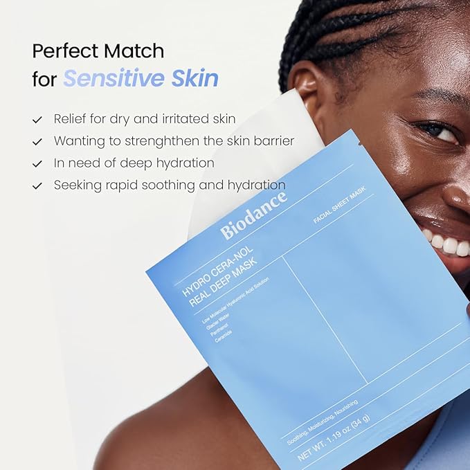 BIODANCE Hydro Cera-nol Real Deep Mask, Overnight Hydrogel Mask, Hydrating Facial Mask For Sensitive Skin, Redness Reducing & Quick Soothing Effect, Korean Skincare, Stocking Stuffers |1.19oz(34g)x4ea