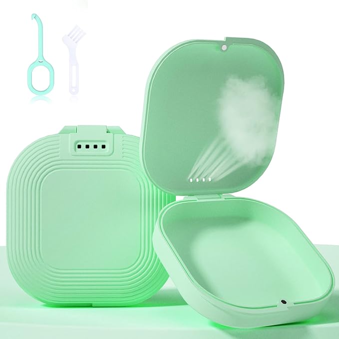 HEMILAB® Retainer Case, Slim Aligner Case with Vent Holes, Compatible with Invisalign, Mouth Guard Case, Cute Retainer Case with Retainer Removal Tool and Brush, Green