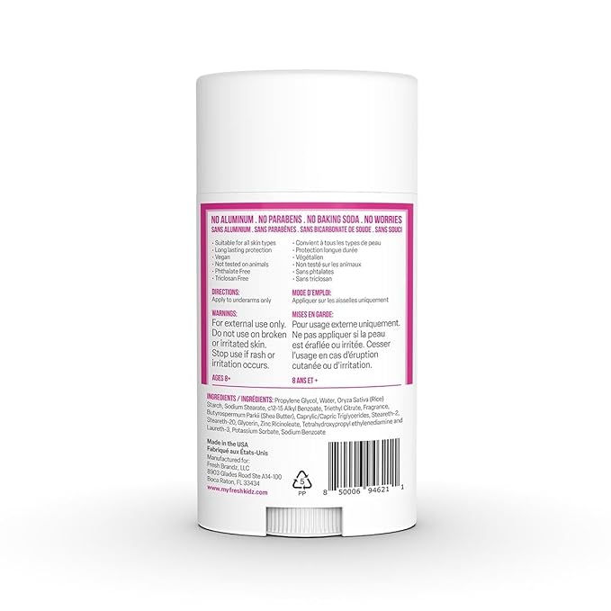 Fresh Kidz Deodorant Stick for Kids and Teens - Baking Soda and Aluminum-free 24 Hour Protection for Sensitive Skin - Girls "Pink", 2.65 oz / 75 g