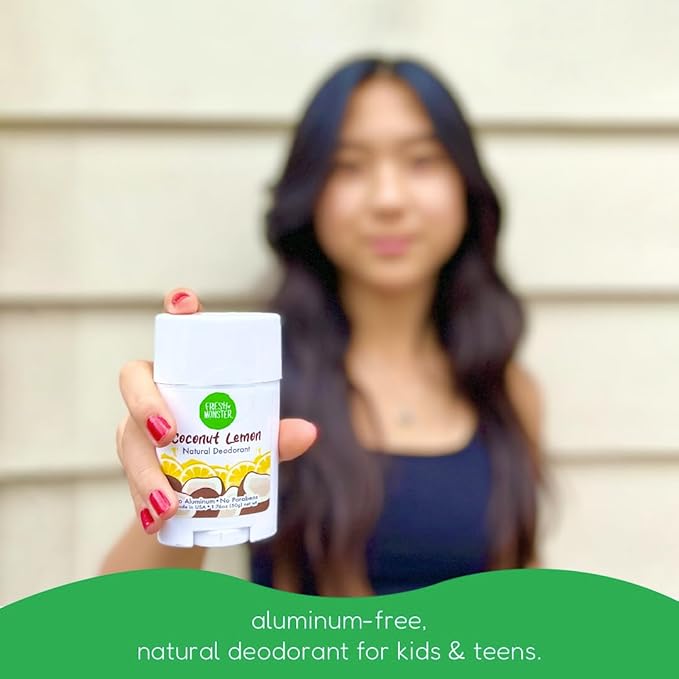 Fresh Monster Natural Deodorant for Kids & Teens I Mom's Choice Gold Award Winner | Aluminum-Free, Paraben-Free, Hypoallergenic I 24-Hour Protection I Coconut-Lemon Scent I 1.76 oz
