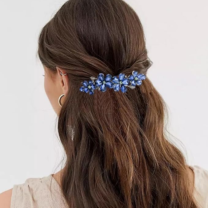 2PCS Exquisite Sparkling Rhinestone 4 Flower Hair Clips, Non-Slip Alloy Hair Accessories for Women & Girls, Ideal for Party, Wedding & Daily Wear (Dark Blue)