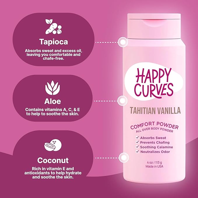HAPPY CURVES Comfort Powder: Talc Free Anti Chafe Body & Foot Dusting Powder Deodorant for Inner Thigh Chafing, Private Areas, and All Over Body for Women (4 Ounce (Pack of 1), Tahitian Vanilla)