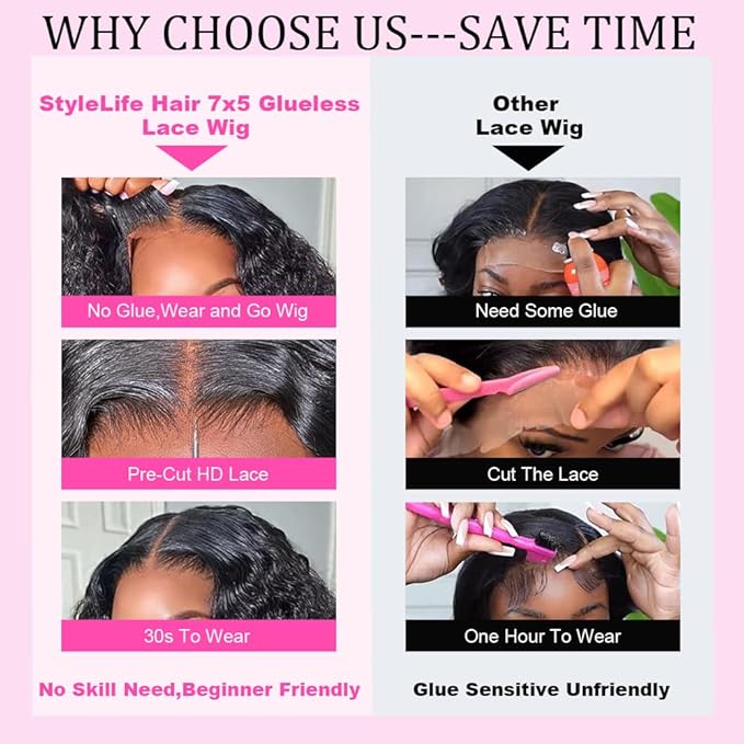 7x5 Glueless Wigs Human Hair Pre Plucked Pre Cut 200 Density Deep Wave Lace Front Wigs Human Hair Beginner Friendly Wear and Go Glueless Wig with Drawstring HD Lace Curly Lace Front Wig 20 Inch
