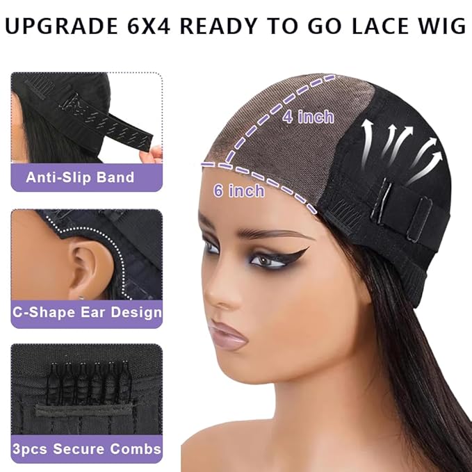 ALI PANDA (2-YEAR Life, 220g, 210% Density 6x4 Wear and Go Wig,100% Human Hair, Skinlike HD Glueless Closure Wigs Human Hair Pre Plucked Pre Cut, (0.1mm Ultra-Thin HD Lace), Middle Part 26 Inch
