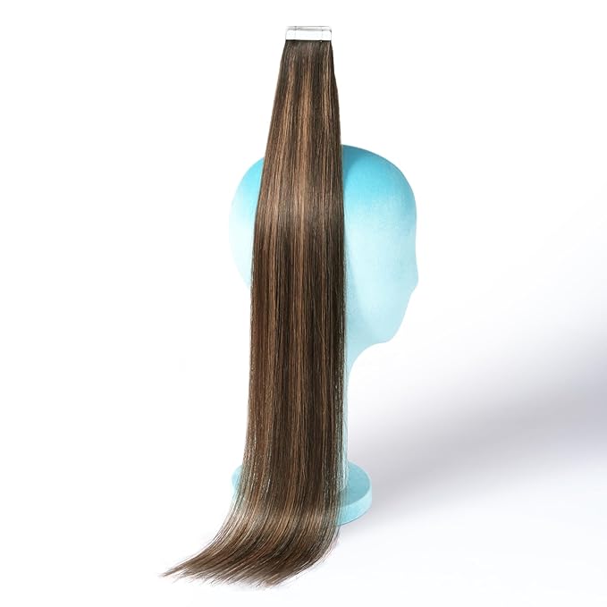 DNE Tape in Hair Extensions Real Human Hair 24 inches 20Pcs/50g/Pack Seamless Dark Brown to Chestnut Brown#T2-P2/6 Straight Invisible Double Sided Tape in Hair Extensions for Women/Girls