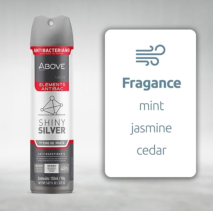 ABOVE Shiny Silver - 48 Hours Elements Antiperspirant Deodorant for Men - Notes of Jasmine and Mint - Dry Spray Protects Against Sweat and Body Odor - Stain, Cruelty and Alcohol Free - 3.17 oz