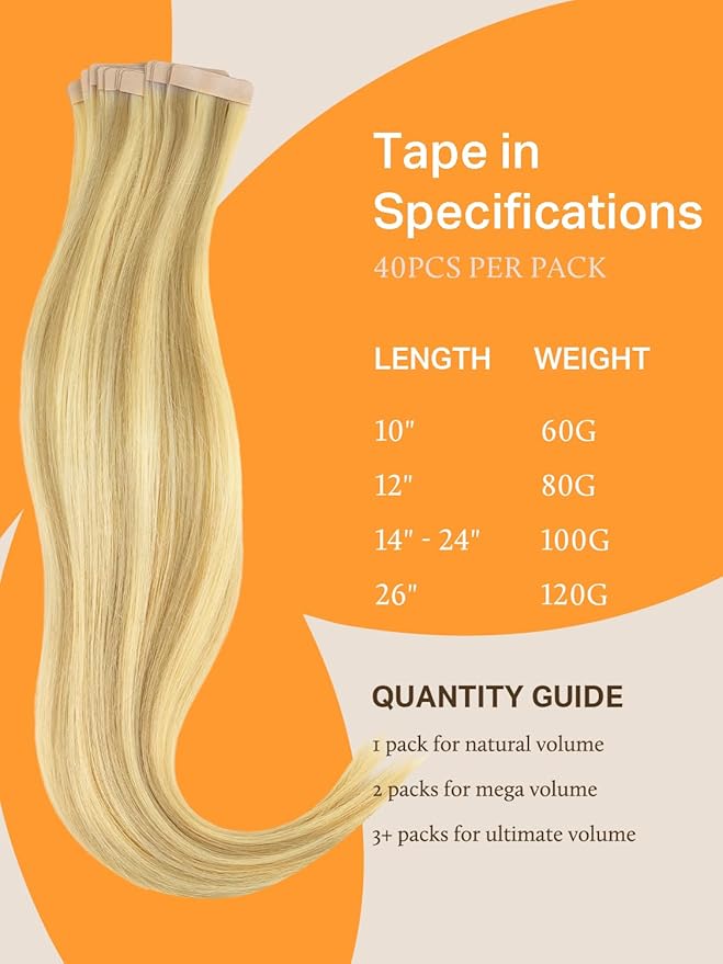 DOORES Hair Extensions Human Hair, Drity Blonde Highlight Golden Blonde 40pcs 100g 26 Inch, Human Hair Extensions Tape in Straight Hair Real Human Hair