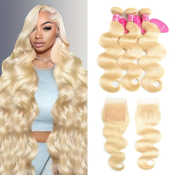 Body Wave 613 Bundles Human Hair Blonde Bundle with Closure (20 22 24+18 Inch) Natural Brazilian Virgin Unprocessed Human Hair Extensions with 4 X 4 Lace front Soft and Silky