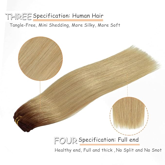 Caliee Clip in Hair Extensions Real Human Hair Color R4-18 Chocolate Brown Fading to Dirty Blonde Hair Extensions Clip in Human Hair Straight Thick Natural 16 Inch 120 Gram