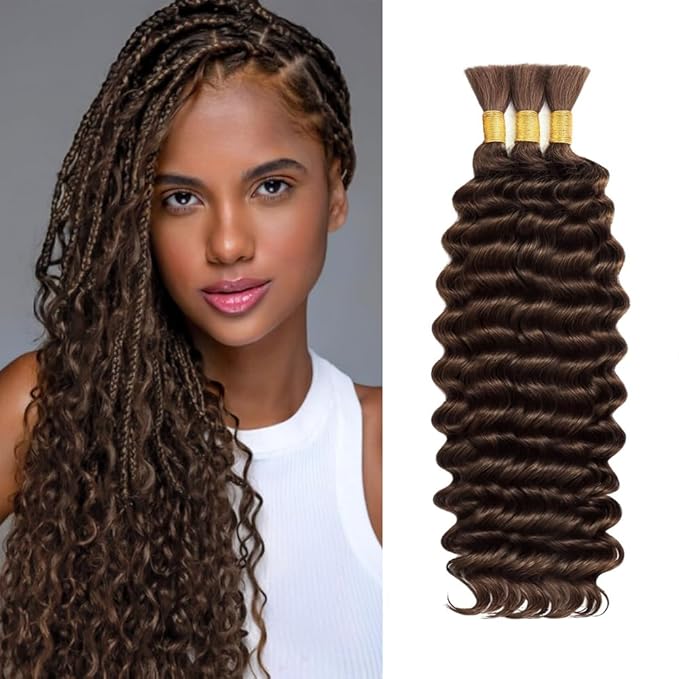 Brown Human Braiding Hair for Boho Braids 14 Inch Chocolate Brown Deep Wave Bulk Human Hair #4 Wet and Wavy Braids Extensions