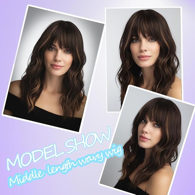 Dark Brown Wigs with Highlights for Women Synthetic 16 inch Medium Length Wigs with Bangs Natural Long Wavy Fringe wig Heat Resistant Hair for Daily Party Use (16 inch)