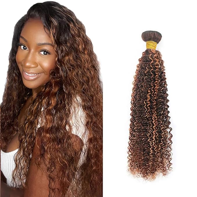 Brown Highlight Bundles Ombre Kinky Curly Human Hair Bundles 28 Inch Brazilian Unprocessed Virgin Hair 1 Bundle Two Tone Brown Curly Bundles P4/30 Bundles Remy Human Hair Extensions