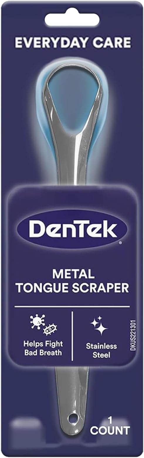 DenTek Metal Tongue Scraper for Better Oral Health – Removes Bacteria, Fights Bad Breath – 100% Stainless Steel, Dishwasher-Safe – Slim Design, Works Gently
