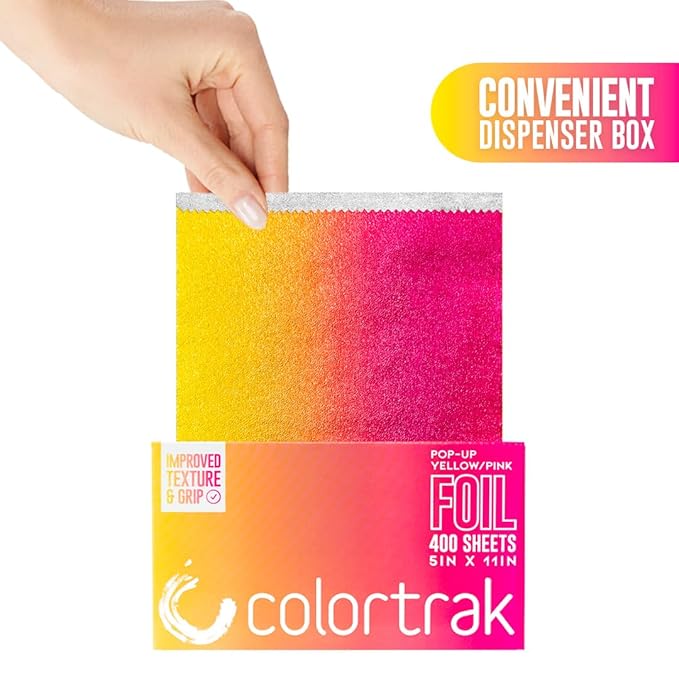 Colortrak Yellow/Pink Gradient Pop-up Foil w/Dispenser (400 Count), Pre-cut Sheets, Non-Slip Embossed Texture, 5" x 10.75" Sheets for Hair Foil Coloring and Highlighting Sheet Applications