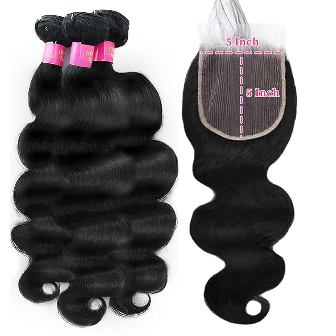 12A Bundles With Closure Human Hair 5x5 HD Lace Closure 28 30 32+20 Inch 100% Unprocessed Brazilian Virgin 3 Bundles with Closure Quick Weave Body Wave Bundles Natural Black
