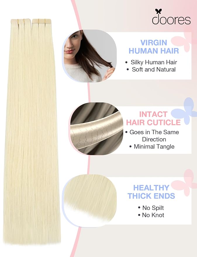 DOORES Invisi Edge Human Hair Extensions Tape in, Platinum Blonde 10 Injection Tape-ins with 10 Classic Tape-ins 50g 24 Inch, Virgin Human Hair Injection Tape in Extensions