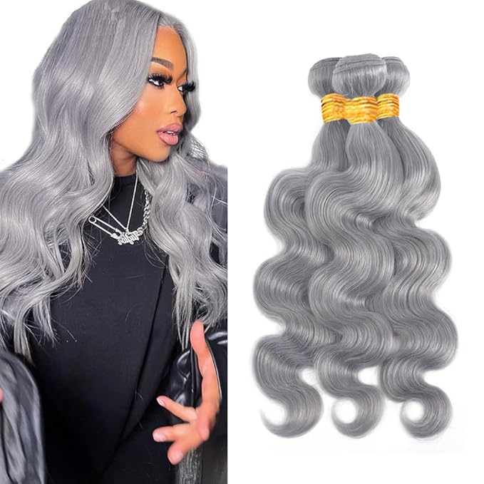 26 28 30 inch Grey Human Hair Bundles Gray Body Wave Bundle Silver Hair Weave Mixed Length 3 Bundles Double Weft 300g