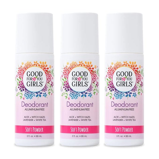 Good for You Girls Aluminum-Free, Natural Deodorant for Kids, Pre teens, Teens, Safe & Effective Odor Control, Clear Roll-On, Natural Fragrance, Vegan, Made in USA | Soft Powder, 3 oz (Pack of 3)