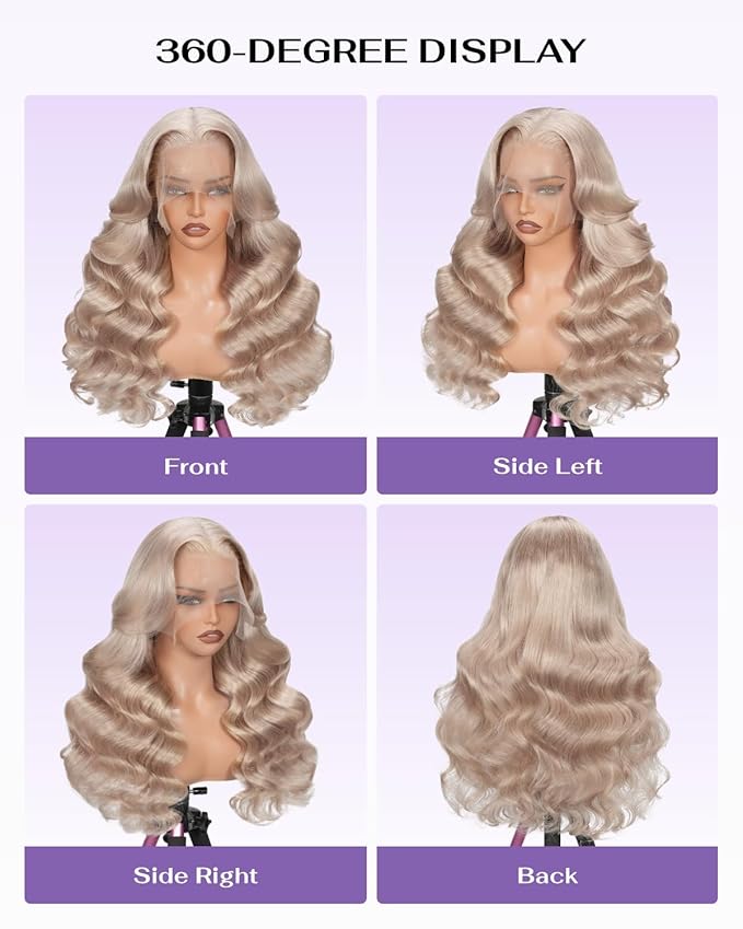 Hidden Strap Milk Tea Ash Blonde Wig Human Hair Body Wave 360 Lace Front Wig Human Hair Ombre Glueless Wigs Pre Bleached Bleached Knots 180% Density Drawstring HD Full Lace Wigs 30Inch