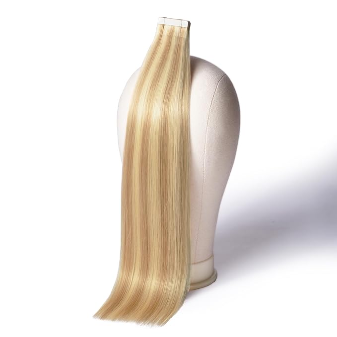 DNE Tape in Hair Extensions Real Human Hair 18 inches 20Pcs/50g/Pack Seamless #27/613 Light Color Straight Invisible Double Sided Tape in Hair Extensions for Women/Girls Can Bleached and Curl