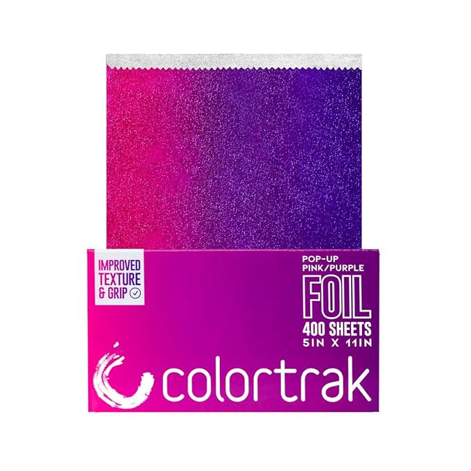 Colortrak Pink/Purple Gradient Pop-up Foil w/Dispenser (400 Count), Pre-cut Sheets, Non-Slip Embossed Texture, 5" x 10.75" Sheets for Hair Foil Coloring and Highlighting Sheet Applications
