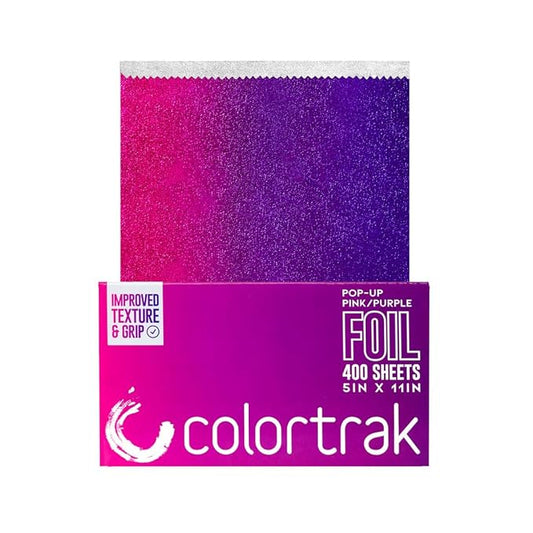 Colortrak Pink/Purple Gradient Pop-up Foil w/Dispenser (400 Count), Pre-cut Sheets, Non-Slip Embossed Texture, 5" x 10.75" Sheets for Hair Foil Coloring and Highlighting Sheet Applications