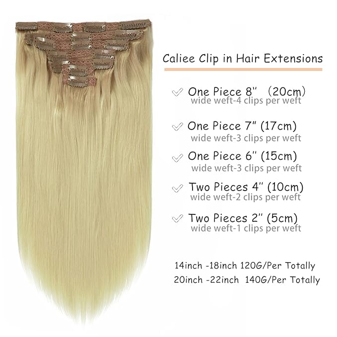 Caliee 14 Inch Human Hair Extensions Clip in Color R12/60 Ombre Light Golden Brown Roots to Platinum Blonde Silky Straight Natural Clip in Hair Extensions Remy Hair 120G 7Pcs for Full Head