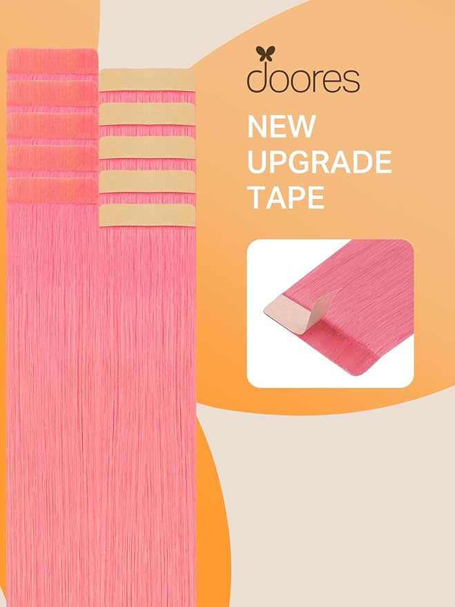 DOORES Real Human Hair Extensions, Remy Hair Extensions Straight Hair, 25g 10pcs 14 Inch Light Pink Tape