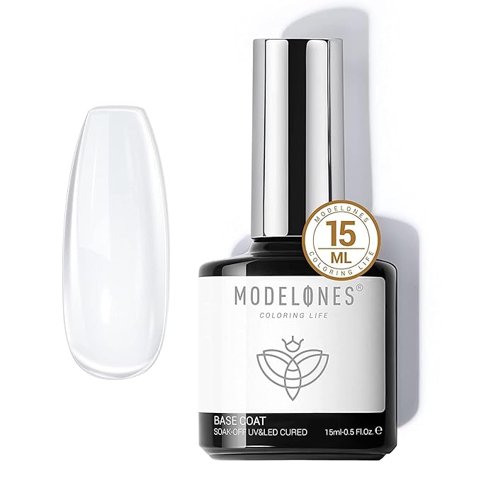 modelones Gel Nail Polish Base Coat, 2025 Upgraded Formula Clear High Glossy Gel Base coat Soak Off Long-Lasting DIY Home Salon Nail Art 15ml