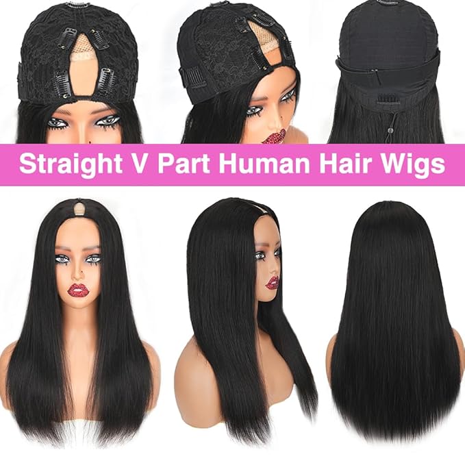 CHEETAHBEAUTY V Part Wigs Human Hair Straight V Shape Wigs for Black Women Upgrade U Part Wigs No Leave Out No Sew In No Glue Clip in Half Wigs 180% Density Natural Black 18Inch