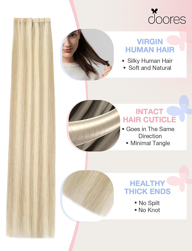 DOORES Invisi Edge Tape in Human Hair Extensions, Dark Blonde Highlighted Bleach Blonde 10 Injection Tape-ins with 10 Classic Tape-ins 50g 20 Inch, Injected Tape in Extensions Straight