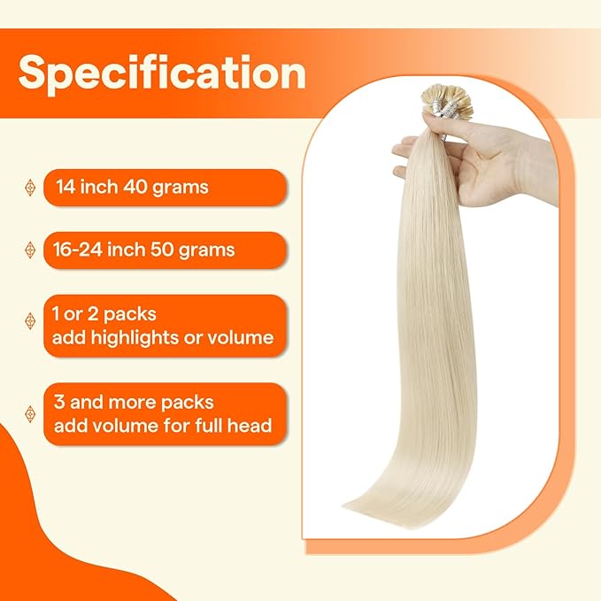Full Shine Utip Human Hair Extensions 18 Inch Keratin Bond Hair Extensions Real Human Hair Color 60 Platinum Blonde Fusion U Tip Extensions 50 Grams add Volume