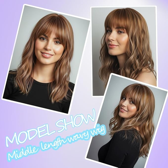 Light Brown Wigs with Highlights for Women Synthetic 16 inch Medium Length Wigs with Bangs Natural Long Wavy Fringe wig Heat Resistant Hair for Daily Party Use (16 inch)