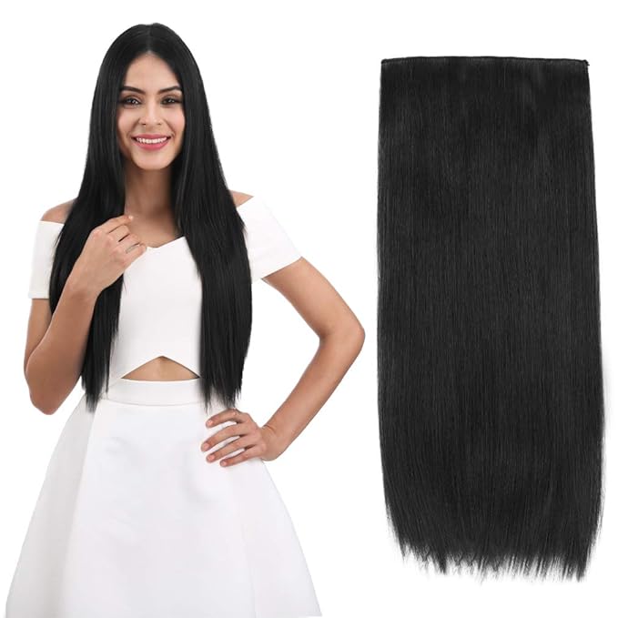 REECHO 24" Straight Clips in hair extensions Clips on HE008 Hairpieces Synthetic Hair Extensions for Women 5 Clips per Piece - Natural Black