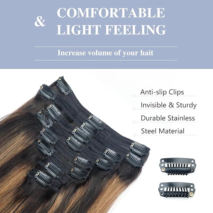 Balayage Clip in Hair Extensions Real Human Hair Straight Remy Human Hair Clip ins for Women, Natural Soft Human Hair, 8Pcs 120g, 20inch #1B/6/1B Balayage Natural Black to Chestnut Brown