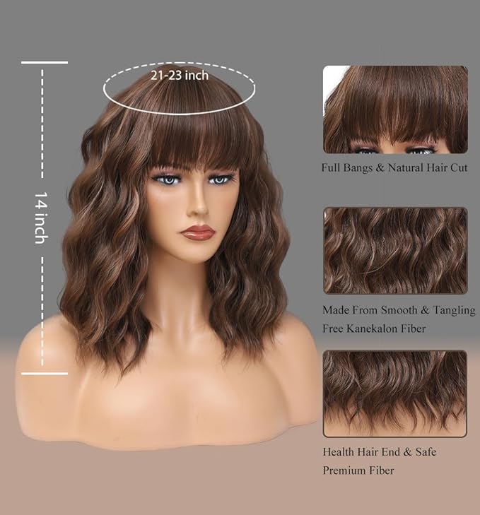 WAVE&BREEZE Short Brown Highlight Blonde Wigs with Bangs 14Inch Blonde Curly Bob Wig for Women Shoulder Length Natural Looking Hair Replacement Wig for Daily Party Use Cosplay Costume Halloween Wig