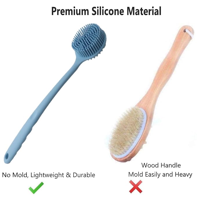 Silicone Body Scrubber, Long Handle Back Scrubber for Shower Brush,Exfoliating Body Scrubber, Shower Scrubber for Body Brush, Soft Silicone Bath Brush for Men,Women&Kids,with a Free Hook
