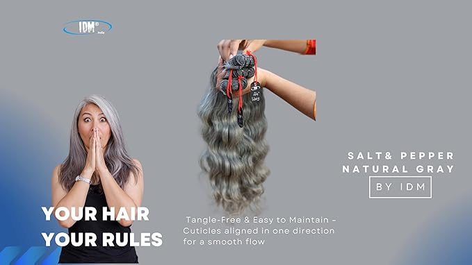 24” Wavy Salt & Pepper/Natural Gray 3 bundles. Its 100% Natural Indian Virgin Raw Hair Extensions .Natural color unprocessed and not treated with any kind of chemicals