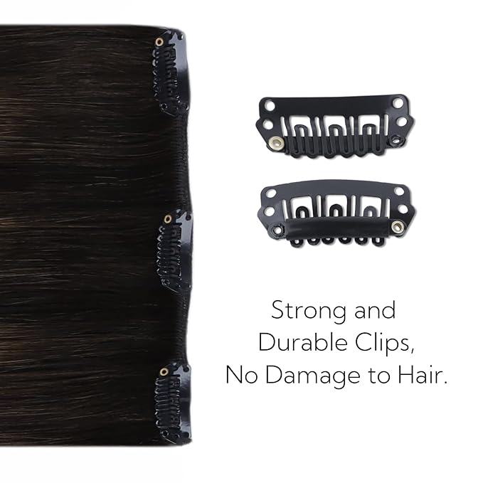 HOTBANANA Clip in Hair Extensions Real Human Hair, 5Pcs 70g 18 Inch Balayage Dark Brown Mixed Chestnut Brown Straight Remy Clip in Extensions